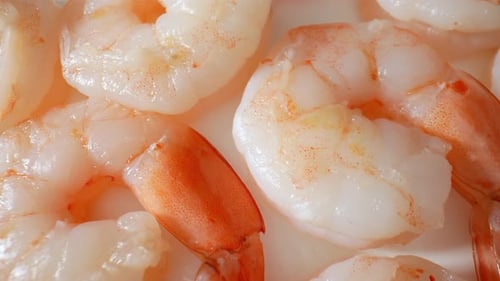 Cooked shrimp in stunning footage. 4K.