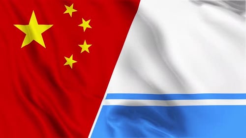 China and Altai Republic Flags Waving Split Screen