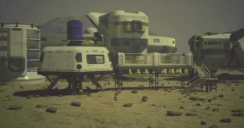 Mars Colony Habitat Structures on a Dusty Martian Landscape at Sunset