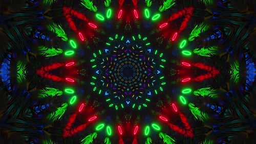 Buntes kreisförmiges Design mit vielen Farben und Formen in der Mitte. Kaleidoskop VJ Loop