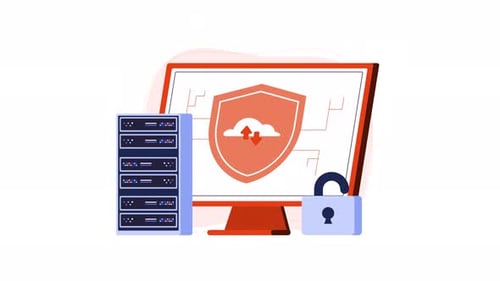 Animation de sécurité du serveur avec un cadenas de protection du serveur protégeant les données du cloud.