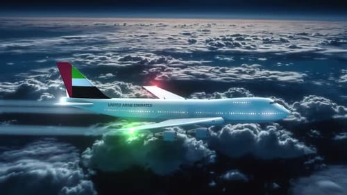 Commercial Airliner Passanger Plane Flying Night Over Clouds With Country Flag United Arab Emirates