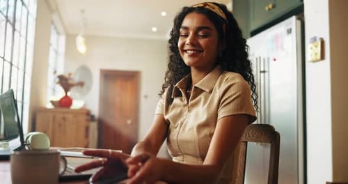 Laptop, study and university student with phone in home for learning break
