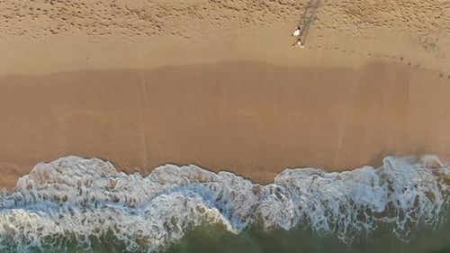 There are two persons strolling side by side in the sand, leaving footprints on the beach and the wa