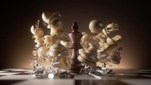 The black king chess piece falls to the chessboard and smashes the white pawns