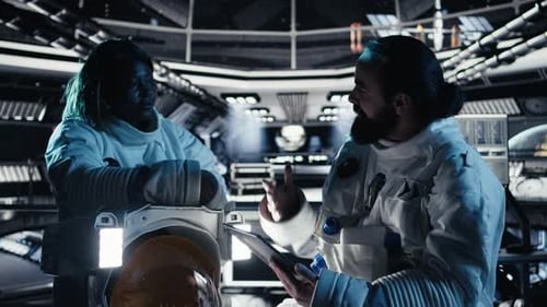 Astronauts Flying Together in Starship Exploring Mars Mapping Unknown Worlds