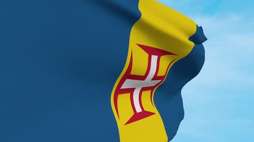 Realistic Waving Madeira Flag in Blue Sky
