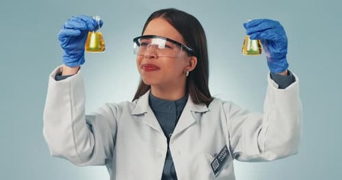 Doctor, sample and reaction with a science woman in studio on a gray background for research