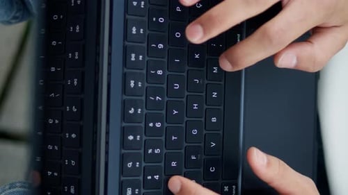 Student Hands Work Keyboard Vertical Closeup Unknown Man Typing Laptop Device