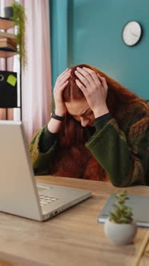Displeased Sad Office Woman Using Laptop Working Loses Bad News Computer Virus Fail Loss Game