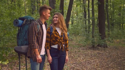 Couple Enjoying Nature While Hiking in a Lush Forest During Golden Hour