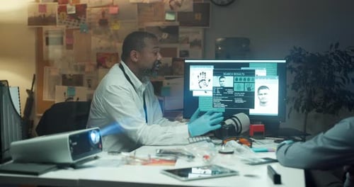 Man, detective and talk with computer in office for investigation, evidence and review case