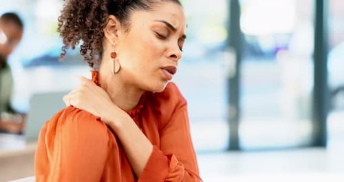 Business woman, shoulder pain and massage with muscle tension and stress with burnout