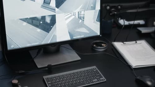 Security Office Monitoring Multiple Camera Feeds on Computer