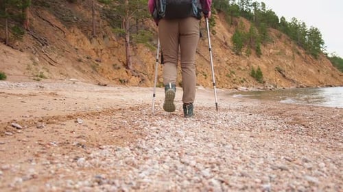 Hiking Tourism Adventure Unrecognizable Hiker Girl Tourist with Backpack Walking Near Lake