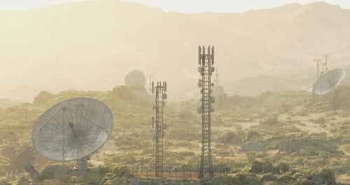 3D Animation of Communication Towers and Satellite Dishes in Desert