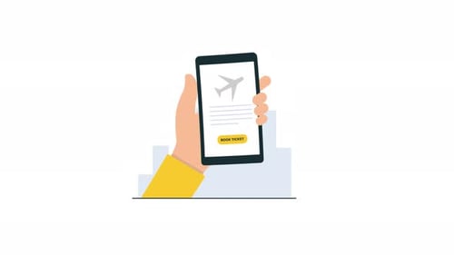 Animated Hand Holding Phone With Flight Booking App