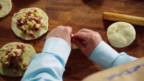 Chef Makes Pie with Sausage and Cheese Closeup Slow Motion