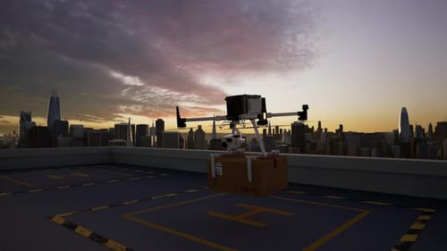 La flota de entrega de Zumbidos POV despega al atardecer