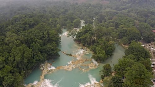 Aerial drone shot of the Agua Azul waterfalls in Chiapas, Mexico