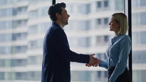 Successful Business People Handshake By Office Panoramic Window Closeup