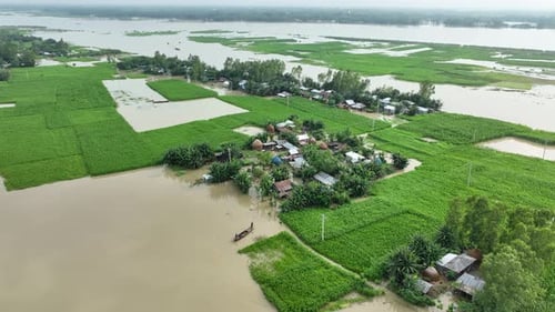 Aerial view of flooded fields, Bangladesh.