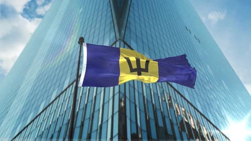 Barbados Flag Waving Animation Against Modern Skyscraper