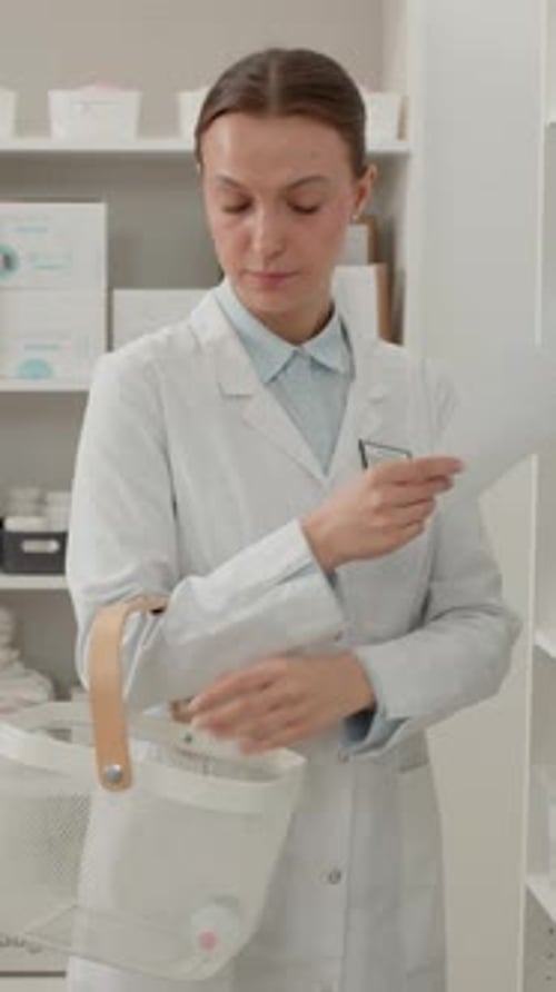 Woman Preparing Orders in Drugstore Vertical