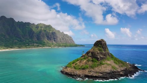 Aerial Views of Chinaman's Hat Island in Kualoa Oahu Hawaii