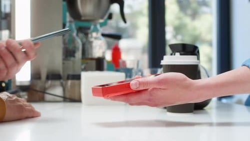 Closeup Hand Asia Woman People Work in Small Sme Coffee Cafe Shop Store Owner Use Cashless Wifi Qr