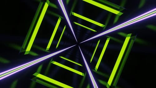 Lime And Light Purple Neon Glowing Glossed Square Tunnel Background Vj Loop In 4K