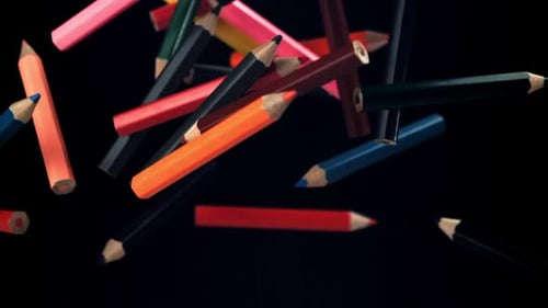 Colorful Pencils Falling Down on a Black Background