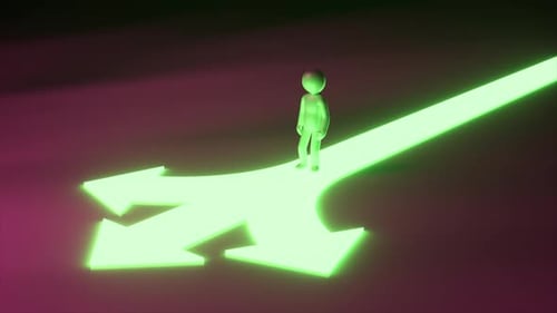 Personnage blanc debout à un carrefour avec des flèches vertes brillantes représentant différents chemins