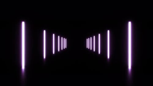 Linhas brilhantes voadoras abstratas ficam no túnel, sem costura. Fundo geométrico