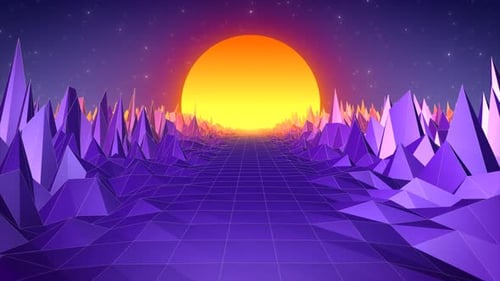 Abstrakte Retro-Landschaft im alten Stil der 80er, 90er Jahre mit Straße, Felsen, Bergen und Sonne, abstrakt