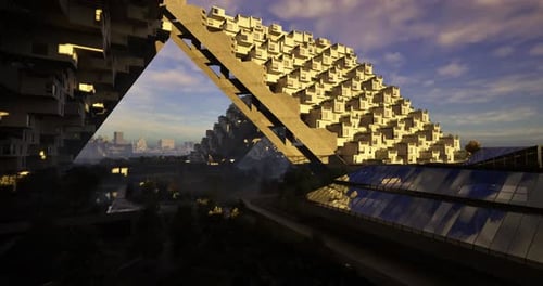 La estructura arquitectónica única muestra un diseño moderno con el telón de fondo de la ciudad
