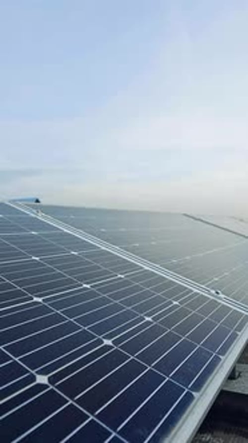 Solar panels in rows under the blue sky. Photovoltaic panels in sunlight.