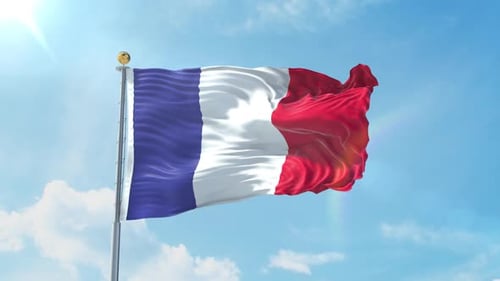 Realistic French National Flag Waving Against Blue Sky