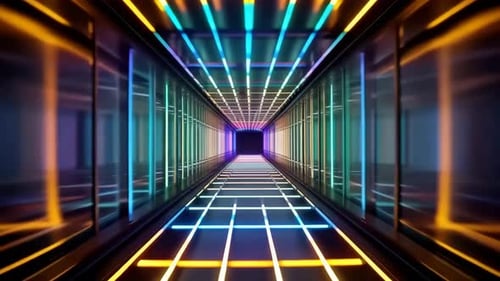 Futuristic Neon Data Center Corridor Motion Graphics