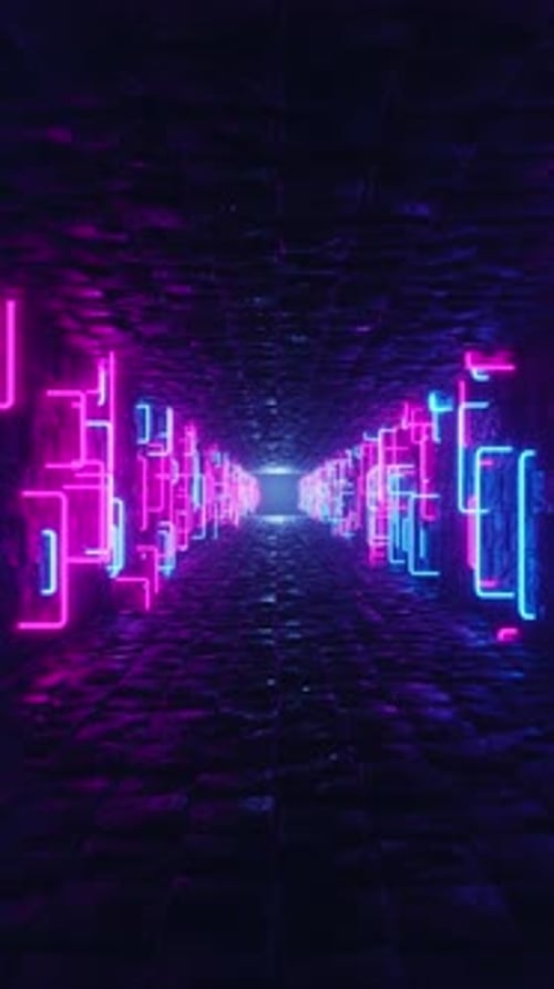 A long, dark hallway with purple and blue neon lights on both sides of it. Vertical looped animation