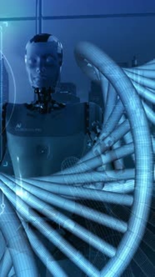 Futuristic Cyborg and DNA Holographic Interface