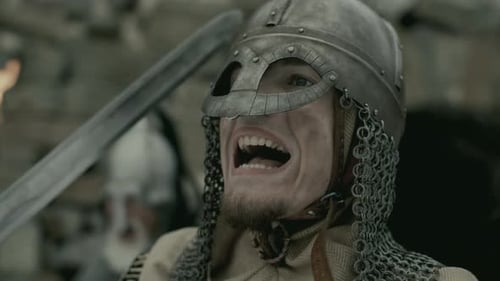 Warrior Wearing Helmet Yelling in Medieval Battle
