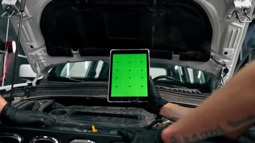 Close-up of a hand with a tablet on which the green screen is open against the background of a car