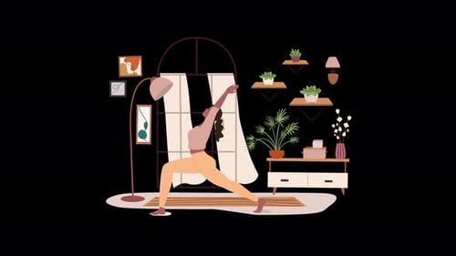 Femme pratiquant le yoga dans un intérieur confortable avec des plantes et un décor