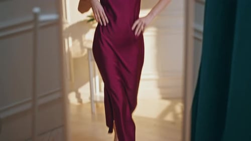 Woman Wearing Elegant Dress Posing in Bedroom Woman Wearing Elegant Dress Posing in Bedroom