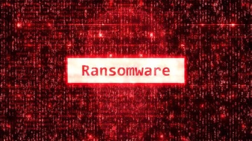 Alerta de ransomware de computador em fundo vermelho de hackers com matriz binária animada em HD