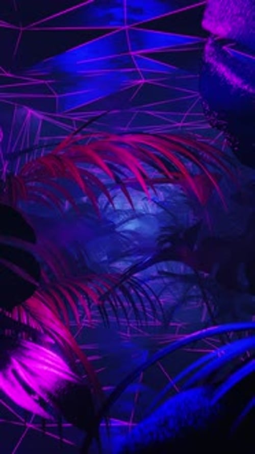 Purple and blue abstract background with palm leaves and neon light. Vertical looped animation