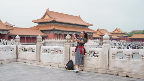 Woman at Historic Site Girl By Palace Railing Young Woman Gazing Over Old City Rooftops Female
