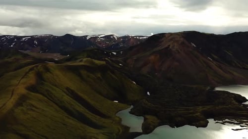 Aerial landscape view of Icelandic highlands with snow capped mountain's peaks, and lakes