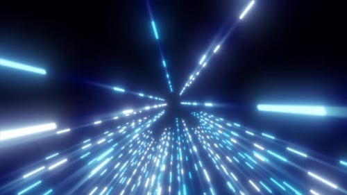 Abstrakter Tunnel aus leuchtenden blauen Lichtstreifen, der Datengeschwindigkeit und futuristische Bewegung symbolisiert
